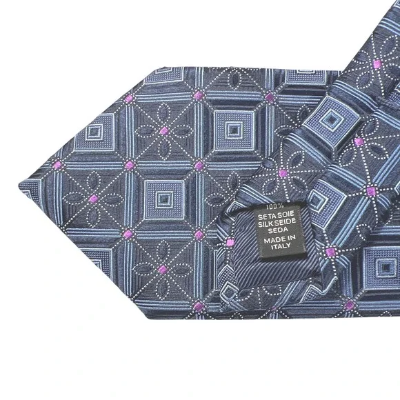 Ermenegildo Zegna Silk Tie Navy Blue Geometric Floral Lux Made in Italy NWT $165